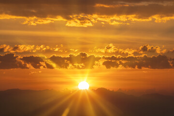 Sunset ,Sunrise with sun and clouds on orange dramatic sky with sun rays