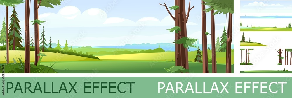 Wall mural panoramic view from coniferous forest with parallax effect. beautiful summer landscape with trees. g