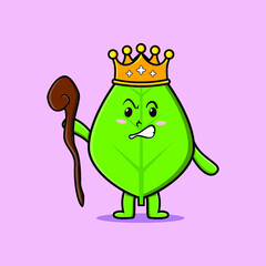 Cute cartoon green leaf mascot as wise king with golden crown and wooden stick