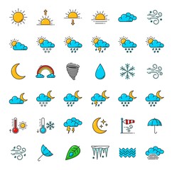 Naklejka premium Weather forecast color outline icons. Meteorology, temperature, climate and uv vector pictograms. Isolated cloud, sun, rain, snow and wind, storm, moon, snowflake, lightning bolt, fog and umbrella