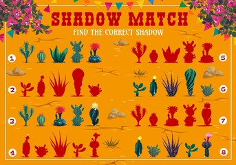 Shadow match game vector worksheet with mexican cactuses succulents in desert. Matching puzzle, kids education quiz, attention test or memory riddle with cactus silhouettes, flags and bougainvillea