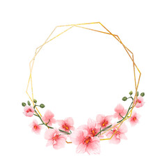 Pink Orchid Flowers watercolor border for wedding, greeting or invitation card isolated. Luxury vintage flowers with shiny gold frame for summer or spring template. Vector illustration