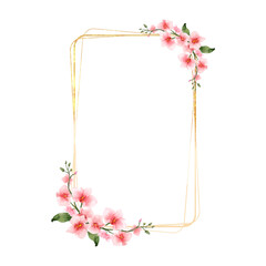 Pink Orchid Flowers watercolor border for wedding, greeting or invitation card isolated. Luxury vintage flowers with shiny gold frame for summer or spring template. Vector illustration