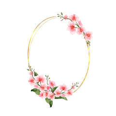 Pink Orchid Flowers watercolor border for wedding, greeting or invitation card isolated. Luxury vintage flowers with shiny gold frame for summer or spring template. Vector illustration