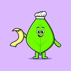 Cute cartoon green leaf chef character with menu in hand