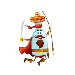 Cartoon mexican tequila pirate character. Isolated vector bottle in sombrero, red cape, boots, gloves and bandana run with sabers in hands. Funny alcohol drink filibuster personage, glass flask rover