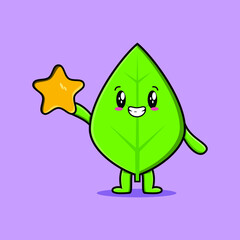 Cute cartoon green leaf character holding big golden star in cute modern style design