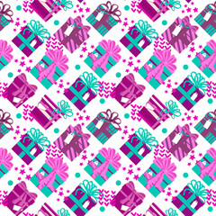 Seamless holiday gift box pattern with different prints and bows. Christmas, birthday, holiday. In fashionable bright colors.