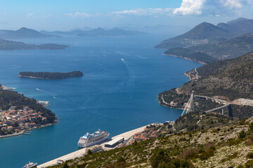 Fototapeta na wymiar Aerial view of port of Dubrovnik with cruise ships and yachts, Adriatic sea.