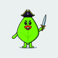Cute cartoon mascot character green leaf pirate with hat and holding sword in modern design