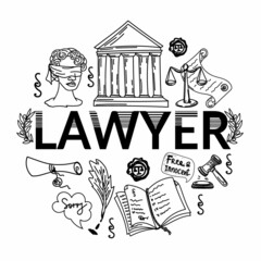 Lawyer inscription with symbols of law and justice, hand-drawn in sketch doodle style. Justice. Court. Oath. Testimony. The scales of justice. Documents. Paragraphs of the law. A collection of cartoon