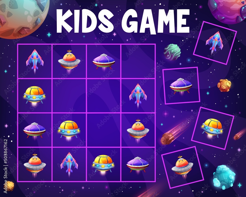 Poster sudoku kids game ufo, spaceship and alien starship shuttles. vector worksheet maze puzzle with space