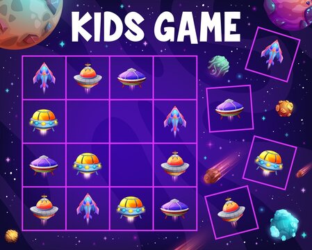 Sudoku kids game ufo, spaceship and alien starship shuttles. Vector worksheet maze puzzle with space engines. Cartoon riddle page with cosmic rockets, saucers on board. Educational boardgame task