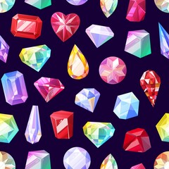 Gems pattern, crystal jewel gemstones and precious stones, vector background. Diamond rhinestones, red ruby, blue sapphire and green emerald shine, quartz rock ice seamless pattern