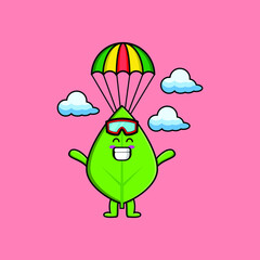 Cute mascot cartoon Green leaf is skydiving with parachute and happy gesture cute modern style design