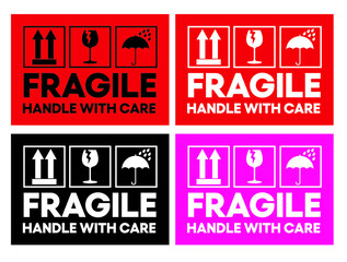 fragile handle with care in red pink black can be use for warning sign attach on breakable package delivery company parcel package easy to use vector eps.