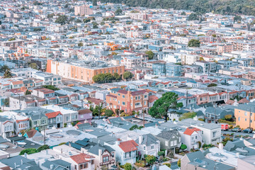 San Francisco, California, USA - October 22, 2021, city view from the top of San Francisco's Grandview Park next to the 16th Avenue tiled steps. The photo was processed in pastel colors.