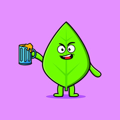 Green leaf cartoon mascot character with beer glass and cute stylish design