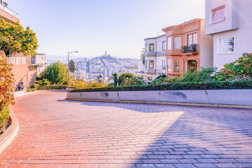 San Francisco, California, USA - October 16, 2021, view of the city from the top of Lombard street. The photo was processed in pastel colors.