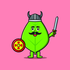 Cute cartoon character Green leaf viking pirate with hat and holding sword and shield in cute modern style design 