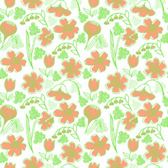 Seamless pattern of different kinds of spring flowers, hand-drawn doodles in sketch style. Spring. Tulips, daffodils and bellflowers. Silhouettes of flowers on a white background.