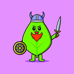 Cute cartoon character Green leaf viking pirate with hat and holding sword and shield in cute modern style design 