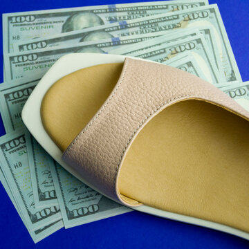 women's shoes on souvenir dollars and on a blue background. money out of focus. Banner for insertion into site. Square image.