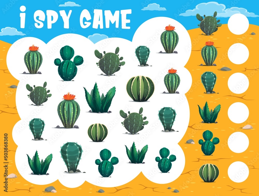 Poster I spy game. Cactuses in desert. Child counting puzzle, kids educational riddle with objects searching and counting task. Children math quiz vector worksheet with desert plants, succulents or cactuses