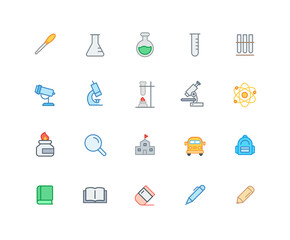 Collection of Science color icons. Set of Alcohol lamp, experiment symbols drawn with thin contour lines. Vector illustration.