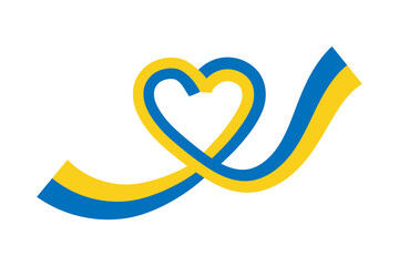 Heart shaped blue and yellow ribbon. Save Ukraine. Design element for sticker, banner, poster, card, print. Isolated vector illustration. 