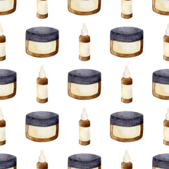 Watercolor cosmetics isolated on a white background. Hand-drawn stylish cream jars. Seamless pattern. Spa and beauty print