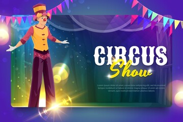 Shapito circus cartoon stilt acrobat on stage. Vector circus artist character on big top tent arena. Performer wear carnival bright costume stand on stilts performing magic show on scene with curtains