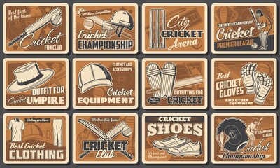 Cricket club sport retro posters, play equipment and tools ball, bat and wicket, vector. Cricket players garment accessory, protective helmet, stump on arena field, pitch and cricketer batsman outfit