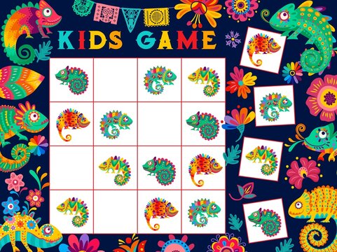 Cartoon mexican chameleons and flowers on kids sudoku game worksheet. Kindergarten kids playing activity, children logical puzzle vector worksheet. Child educational quiz with mexico jungle lizard