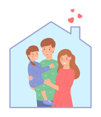 Young family kid together, flat style. Happy parents with a young daughter in the shape of a home. Family values. Cute vector illustration.