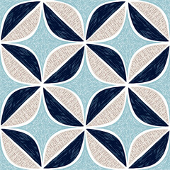 Circle diamond seamless textured patchwork pattern. Overlapping geometric stylish simple leaf shapes. Blue, navy, beige vintage geo mid century retro background 