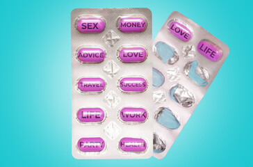 Two packs of purple pills that fulfill dreams, desires and wishes. Blue background. The concept of choice, insight and drugs