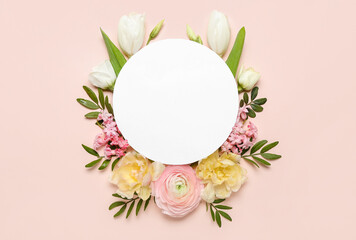 Composition with blank card and beautiful flowers on pink background