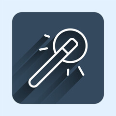 White line Magic wand icon isolated with long shadow background. Star shape magic accessory. Magical power. Happy Halloween party. Blue square button. Vector