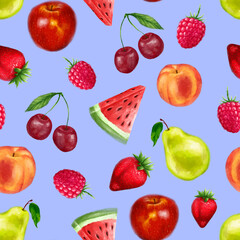 Juicy fruits seamless pattern. Bright summer design in a watercolor style.