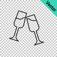 Black line Glass of champagne icon isolated on transparent background. Merry Christmas and Happy New Year. Vector