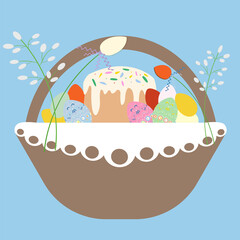 Vector Illustration of Happy Easter Basket with Eggs and Flowers on Blue Background. International Celebration Design with Typography for Greeting Card	