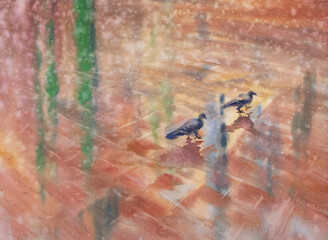 Two pigeons in the rain city reflections watercolor background