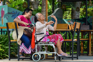 Elderly Grandmother Happy In Wheelchair Accompanied By Daughter-in-law