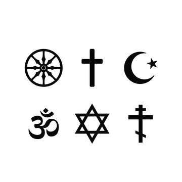 Religious symbols. Christianity, Islam, Judaism, Orthodoxy Buddhism and Hinduism. Interreligious or interfaith concept.