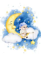 Obraz premium Cute little lamb sitting on the moon