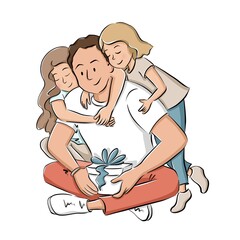 Father and two daughters hug each other. Present and gift. Fatherhood and parenting. Every day moments. Love my daddy. Happy Father’s day. The best dad ever. 
