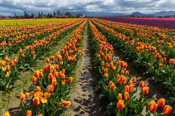 vibrant tulips in variety of colors in Skagit Valley in Washington State during the spring season
