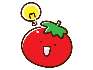 電球マークでひらめくかわいいトマトのキャラクターの手書き風イラスト
