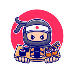 Cute Ninja With Sushi Cartoon Vector Icon Illustration. People Food Icon Concept Isolated Premium Vector. Flat Cartoon Style
